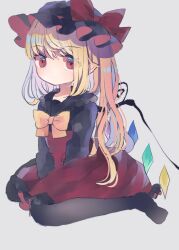 1girl bat_wings black_thighhighs blonde_hair bow bowtie crystal dress flandre_scarlet hat hat_ribbon hiyuu_(hiyualice) kneeling mob_cap multicolored_wings one_side_up puffy_short_sleeves puffy_sleeves red_dress red_eyes red_skirt ribbon short_sleeves side_ponytail skirt skirt_set solo thighhighs touhou white_hat wings 