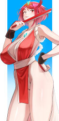  1girl absurdres breasts cosplay fatal_fury hand_fan highres holding holding_fan large_breasts ninja oruru63100814 pyra_(xenoblade) red_eyes red_hair shiranui_mai shiranui_mai_(cosplay) short_hair smile solo swept_bangs the_king_of_fighters thighs tiara xenoblade_chronicles_(series) xenoblade_chronicles_2 