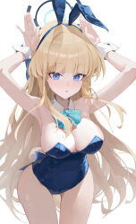  1girl absurdres animal_ears arms_up bare_shoulders blonde_hair blue_archive blue_bow blue_bowtie blue_eyes blue_hairband blue_leotard bow bowtie breasts cleavage commentary_request cowboy_shot detached_collar ear_piercing fake_animal_ears fake_tail hairband highres leotard long_hair looking_at_viewer open_mouth piercing playboy_bunny rabbit_ears rabbit_tail shi_classmate simple_background solo strapless strapless_leotard tail thigh_gap toki_(blue_archive) toki_(bunny)_(blue_archive) very_long_hair white_background white_wrist_cuffs wrist_cuffs 