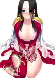  1girl amazon_lily amazon_warrior asymmetrical_clothes bad_id bad_pixiv_id black_hair blue_eyes blush boa_hancock breasts cape center_opening cleavage covering_privates dress earrings epaulettes female_focus hair_over_one_eye high_heels jewelry kneeling large_breasts long_hair long_skirt long_sleeves momo_uzura one_piece red_shirt red_skirt see-through shirt shoes shy side_slit simple_background skirt solo  rating:Sensitive score:49 user:killuakun