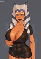  1girl ahsoka_tano alien artist_name black_dress blue_eyes breasts brown_lips cleavage collarbone colored_skin covered_abs covered_erect_nipples curvy dress facepaint grey_background highres huge_breasts large_areolae lekku_(anatomy) looking_at_viewer mature_female orange_skin revealing_clothes rocner seductive_smile short_dress signature sleeveless sleeveless_dress smile solo star_wars sweat thick_lips togruta 