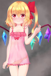  1girl babydoll bare_arms bare_shoulders blush bow breasts brown_background cleavage closed_mouth collarbone condom condom_wrapper cowboy_shot flandre_scarlet gradient_background hair_between_eyes hair_bow heart heart-shaped_pupils highres long_hair looking_at_viewer motion_lines naughty_face nose_blush one_side_up orange_panties panties panty_pull polka_dot polka_dot_panties pulled_by_self red_bow see-through sleeveless small_breasts smile solo standing symbol-shaped_pupils tareme thigh_strap throwing touhou underwear underwear_only wings  rating:Questionable score:26 user:danbooru