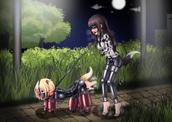  2girls absurdres ball_gag bdsm bitchsuit blindfold bondage bound collar feet gag gagged grass harness_gag high_heels highres inflatable_butt_plug inflatable_dildo inoue_takina leash leashed_to_another lycoris_recoil multiple_girls muzzle_gag nipple_piercing nishikigi_chisato outdoors piddlefours piercing public_indecency road straitjacket street streetlights tail thigh_bands  rating:Questionable score:85 user:qa9832xr