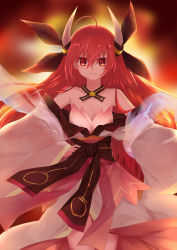 1girl absurdres bare_shoulders bow breasts choker date_a_live hair_ornament hand_on_own_hip highres horns itsuka_kotori japanese_clothes kimono long_hair looking_at_viewer misaka76 red_eyes red_hair small_breasts smile rating:Sensitive score:5 user:danbooru