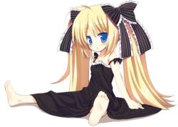  1girl ahoge barefoot black_dress blonde_hair blue_eyes blush bow child dress feet flat_chest gothic_lolita hair_bow hair_ornament hair_ribbon lolita_fashion long_hair looking_at_viewer meito_(maze) open_mouth original ribbon simple_background sitting soles solo strap_slip toes twintails very_long_hair  rating:Sensitive score:29 user:brandonlee