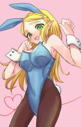  1girl blonde_hair blush bow bowtie braid breasts cleavage elf green_eyes grin heart highres leotard long_hair looking_at_viewer nintendo open_mouth pantyhose playboy_bunny pointy_ears princess_zelda rabbit_ears rabbit_tail smile spoken_heart standing the_legend_of_zelda the_legend_of_zelda:_breath_of_the_wild thighs  rating:Sensitive score:4 user:Mr._Jive