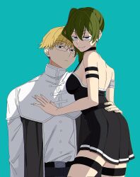  1boy 1girl arm_strap bare_back bare_shoulders black_choker black_dress blonde_hair choker collared_tunic dress expressionless glasses green_dress green_hair hair_between_eyes half-closed_eyes hand_on_another&#039;s_ass hand_on_another&#039;s_chest hand_on_another&#039;s_waist highres hikentai0112 land_(sousou_no_frieren) looking_at_viewer pleated_dress purple_eyes shaded_face short_hair side_ponytail sidelocks simple_background sleeveless sleeveless_dress smile sousou_no_frieren thigh_strap ubel_(sousou_no_frieren) white_tunic 
