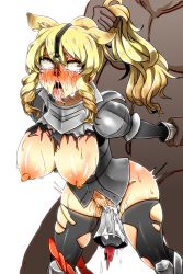  10s 1boy 1girl ahegao animal_ears armor blonde_hair blush breasts brown_eyes clothed_female_nude_male clothed_sex cum cumdrip defeat doggystyle drooling fat fat_man female_knight fucked_silly grabbing_another&#039;s_hair hetero highres kemono_friends knight large_breasts long_hair nipples nose_hook nude object_insertion open_mouth orgasm ponytail rape rhinoceros_ears rolling_eyes sakurai_yuri saliva sex sex_from_behind spread_legs sweat tears tongue tongue_out torn_clothes white_rhinoceros_(kemono_friends)  rating:Explicit score:39 user:danbooru