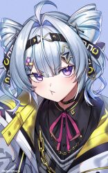  1girl angry blue_background chain grey_hair hair_ornament highres jacket jewelry kaohom503 necklace nijisanji nijisanji_en noise pouting purple_eyes silver_hair twintails virtual_youtuber zaion_lanza 