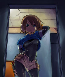  1girl aile_(mega_man_zx) arm_behind_head bad_id bad_pixiv_id bodysuit breasts brown_hair capcom closed_mouth contrapposto covered_navel female_focus from_below green_eyes hair_between_eyes hand_on_own_hip highres hip_focus indoors inti_creates kotoyama looking_at_viewer looking_down medium_breasts mega_man_(series) mega_man_zx short_hair short_shorts shorts skin_tight solo standing underboob wide_hips  rating:Sensitive score:280 user:danbooru