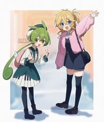  2girls :d arm_at_side backpack bag beret black_dress black_footwear black_pantyhose black_thighhighs blonde_hair blue_eyes blue_skirt blush boots border cone_huraku dress from_side full_body green_hair green_hat hand_up handbag hat jacket kasukabe_tsumugi loafers long_hair long_sleeves low-tied_long_hair multiple_girls one_side_up open_clothes open_jacket open_mouth orange_eyes outline outstretched_arm pantyhose pink_jacket pleated_skirt school_uniform shadow shirt shoes skirt smile thighhighs twitter_username v voicevox waving white_border white_outline white_shirt zettai_ryouiki zundamon 