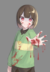  1other absurdres androgynous arm_at_side black_pants black_shirt black_undershirt blood blood_on_clothes blood_on_face blood_on_hands blood_splatter blunt_bangs blunt_ends bob_cut brown_hair chara_(undertale) closed_mouth collared_shirt commentary constricted_pupils crazy_eyes dripping gold_necklace green_sweater grey_background heart heart_necklace heart_pendant highres jewelry locket long_sleeves looking_at_viewer necklace pants pendant reaching reaching_towards_viewer red_eyes ringed_eyes shirt shirttail simple_background single_horizontal_stripe smile solo sweater umasuki undertale untucked_shirt upper_body v-neck wide-eyed yellow_sweater 