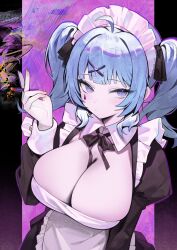  1girl absurdres ahoge apron black_bow black_bowtie blue_eyes blue_hair bow bowtie breasts cigarette cleavage closed_mouth facial_mark hair_ornament hatsune_miku highres holding holding_cigarette large_breasts maid_apron maid_headdress nogong puffy_sleeves rabbit_hole_(vocaloid) solo twintails wing_collar x_hair_ornament  rating:Sensitive score:17 user:danbooru
