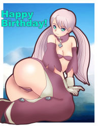  00s 1girl ass birthday blush bra breasts cameltoe chaps cross cross_necklace cynthia_lane detached_sleeves green_eyes happy_birthday highres jewelry long_hair looking_at_viewer low_twintails maqubee necklace overman_king_gainer panties pink_hair shiny_skin sky small_breasts smile solo twintails underwear 