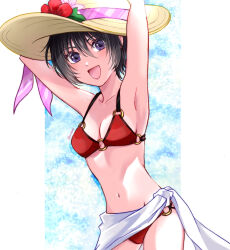 1girl :d alternate_costume armpits arms_up bare_shoulders bikini black_hair breasts cleavage collarbone commentary_request cowboy_shot groin hair_between_eyes hat highres looking_at_viewer navel o-ring o-ring_bikini open_mouth purple_eyes red_bikini rutee_katrea sarong short_hair sidelocks small_breasts smile solo standing stomach sun_hat swimsuit tales_of_(series) tales_of_destiny twitter_username white_sarong yuu_(yuuowo) 