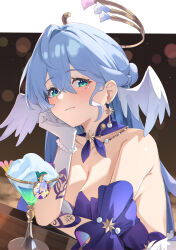 1girl absurdres aqua_eyes band_(skymole01) bare_shoulders bead_bracelet beads blue_hair bracelet breasts choker cleavage cocktail_glass commentary cup detached_sleeves dress drinking_glass gloves head_wings highres honkai:_star_rail honkai_(series) jewelry large_breasts long_hair looking_at_viewer medium_breasts purple_choker robin_(honkai:_star_rail) short_sleeves smile strapless strapless_dress upper_body white_gloves wings