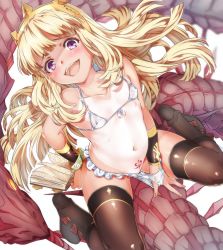 10s 1girl absurdres bare_shoulders bikini black_thighhighs blonde_hair blush book boots cagliostro_(granblue_fantasy) clothes_pull collarbone covered_erect_nipples crown dragon flat_chest flying from_above front-tie_bikini_top front-tie_top granblue_fantasy groin hairband highres loli long_hair looking_at_viewer looking_up micro_bikini navel niko_(tama) one-piece_swimsuit_pull one-piece_tan open_mouth pubic_tattoo purple_eyes riding simple_background smile solo solo_focus swimsuit tan tanline tattoo thighhighs white_bikini wristband rating:Questionable score:186 user:danbooru