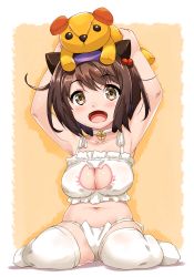 10s 1girl :o alternate_costume animal_ears armpits arms_up bell blush breasts brown_eyes brown_hair carrying_overhead cat_cutout cat_ear_panties cat_ears cat_lingerie choker cleavage cleavage_cutout clothing_cutout collarbone cygames draph eyebrows full_body granblue_fantasy hair_bobbles hair_ornament horns jingle_bell large_breasts looking_at_viewer meme_attire navel neck_bell no_shoes object_on_head open_mouth oppai_loli orange_background panties ribbon rounded_corners shinozuka_atsuto short_hair side-tie_panties simple_background sitting smile solo stomach stuffed_animal stuffed_toy swept_bangs teddy_bear thighhighs underwear underwear_only wariza white_panties white_ribbon white_thighhighs yaia_(granblue_fantasy) rating:Sensitive score:34 user:danbooru