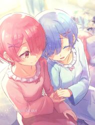  2girls blue_hair blue_nightgown blush closed_eyes closed_mouth commentary_request dated eyes_visible_through_hair frills gift hair_ornament hair_over_one_eye happy_birthday harusabin heads_together highres holding_hands indoors long_sleeves multiple_girls natsuki_subaru nightgown open_mouth pink_eyes pink_hair pink_nightgown pink_ribbon ram_(re:zero) re:zero_kara_hajimeru_isekai_seikatsu rem_(re:zero) ribbon short_hair siblings sisters sitting smile twins x_hair_ornament 