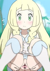 1girl anus bar_censor bare_shoulders blonde_hair blue_sky blurry blush braid censored clitoris cloud collarbone creatures_(company) day depth_of_field dress female_focus flying_sweatdrops game_freak green_eyes highres kneehighs lillie_(pokemon) loli long_hair looking_at_viewer meronshiroppu nintendo outdoors palm_tree panties panty_pull pokemon pokemon_sm presenting pussy pussy_juice pussy_juice_stain sitting sky sleeveless sleeveless_dress smile socks solo spread_pussy tree twin_braids underwear urethra wet wet_clothes wet_panties white_dress white_panties white_socks rating:Explicit score:99 user:AngryZapdos