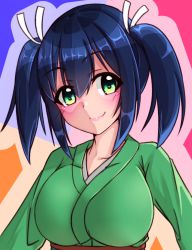  10s 1girl blue_hair blush breasts female_focus green_eyes hair_ribbon highres japanese_clothes kantai_collection large_breasts looking_at_viewer mutsura outline ribbon short_hair short_twintails simple_background smile solo souryuu_(kancolle) twintails upper_body 