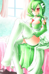  1girl artist_request blush breasts cleavage creatures_(company) game_freak gardevoir gen_3_pokemon green_hair light_rays nintendo personification pokemon red_eyes smile solo sunbeam sunlight thighhighs undressing  rating:Questionable score:104 user:Rikko-43