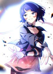  1girl :d audio_jack black_hair black_jacket boku_no_hero_academia commentary_request crossed_arms facial_mark fingerless_gloves gloves headphones highres jacket jirou_kyouka long_sleeves multicolored_hair open_clothes open_jacket open_mouth pink_shirt shirt simple_background smile solo sparkle_background sparkling_eyes upper_body white_gloves  rating:General score:14 user:knappattack
