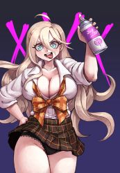  1girl ahoge artist_name black_panties blonde_hair blue_eyes breasts cleavage constricted_pupils danganronpa_(series) danganronpa_v3:_killing_harmony hair_ornament hairclip hand_on_own_hip iruma_miu junkpuyo large_breasts long_hair looking_at_viewer loose_neckwear neck_ribbon no_bra open_clothes open_mouth open_shirt panties pantyshot plaid plaid_skirt pleated_skirt purple_background ribbon school_uniform skirt sleeves_rolled_up solo spray_can standing tongue tongue_out underwear  rating:Sensitive score:53 user:danbooru