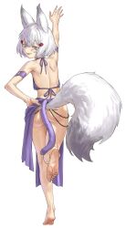  1girl absurdres agemmata animal_ears arm_cuffs ass back bare_legs barefoot bra chain commentary english_commentary fake_tail fangs feet fingernails fox_ears fox_girl fox_tail full_body hair_ornament highres kneepits legs long_fingernails looking_at_viewer medium_hair pelvic_curtain phase_connect purple_bra purple_eyes purple_skirt revealing_clothes revision skirt smirk soles standing standing_on_one_leg tail tenma_maemi thick_eyebrows toenails toes turning_head underwear virtual_youtuber waist_cape white_background white_hair  rating:Sensitive score:11 user:danbooru