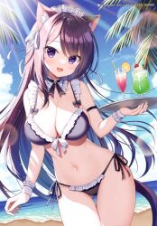  1girl :d absurdres animal_ear_fluff animal_ears bikini black_bikini black_hair blue_sky breasts cat_ears cat_girl cat_tail cleavage cloud cup day drinking_glass drinking_straw fang frilled_bikini frills hair_between_eyes highres holding holding_tray horizon large_breasts long_hair looking_at_viewer mauve navel non-web_source ocean open_mouth original outdoors purple_eyes side-tie_bikini_bottom sky smile solo swimsuit tail tray very_long_hair water wrist_cuffs  rating:Sensitive score:7 user:danbooru