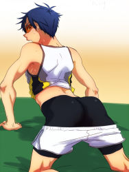  10s 1boy @@@ ass ass_focus bad_id bad_pixiv_id bike_shorts blue_hair blush clothes_pull free! from_behind male_focus pants pants_pull purple_eyes ryuugazaki_rei short_hair shorts shorts_pull solo sunglasses sweat  rating:Questionable score:14 user:danbooru
