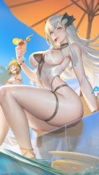 2girls absurdres areola_slip arknights bare_shoulders beach_umbrella blue_sky breasts brown_eyes cherry closed_mouth covered_erect_nipples cup day female_focus food from_below fruit highres holding holding_cup horns jiam009 large_breasts long_hair looking_at_viewer mouth_hold multiple_girls orange_eyes outdoors parted_lips saria_(arknights) sitting sky soaking_feet thigh_strap thighs umbrella wet wet_clothes white_hair rating:Questionable score:59 user:danbooru