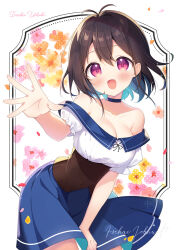  1girl :d antenna_hair aoi_yun blue_choker blue_hair blue_skirt blush breasts brown_hair choker cleavage collarbone floral_background gradient_hair hair_between_eyes hand_up leaning_forward looking_at_viewer medium_breasts multicolored_hair off-shoulder_shirt off_shoulder open_mouth original puffy_short_sleeves puffy_sleeves purple_eyes shirt short_sleeves simple_background skirt smile solo white_background white_shirt 