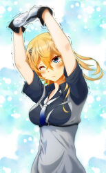  1girl absurdres arms_up black_gloves blonde_hair blue_eyes blue_neckerchief blue_shirt collared_shirt denim denim_skirt gloves gradient_neckerchief grey_neckerchief hair_between_eyes hair_ornament hairclip highres kantai_collection medium_hair mei_(heavensstyle) multiple_girls neckerchief one_eye_closed overskirt shirt short_sleeves skirt solo tuscaloosa_(kancolle) two-tone_gloves white_gloves 