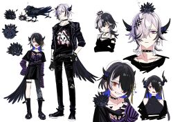 1boy 3girls ? absurdres animal animal_on_head animal_on_shoulder asymmetrical_horns beatrice_niori_world_destroyer_nevella belt bird black_belt black_choker black_flower black_footwear black_gloves black_hair black_horns black_jacket black_nails black_pants black_shirt black_skirt black_thighhighs blue_hair boots brother_and_sister choker collar colored_inner_hair commentary cropped_shoulders cropped_torso crossed_arms crow demon_horns expressionless fingerless_gloves fingernails flower full_body gloves grey_hair grin hair_flower hair_ornament hair_over_one_eye halter_shirt halterneck heart hedgehog height_difference highres hololive hololive_english horn_flower horns if_they_mated ips_cells jacket jewelry knee_boots leather leather_jacket looking_at_viewer low_wings lyonne_ichinori_shadow_bringer_novella medium_hair mother_and_daughter mother_and_son multicolored_hair multiple_girls multiple_views nail_polish necklace nerissa_ravencroft on_head one_eye_covered open_clothes open_jacket open_mouth pants pink_eyes red_eyes shadow_(nerissa_ravencroft) shiori_novella shirt shoes siblings simple_background single_thighhigh single_wing skirt skull_print sleeveless sleeveless_shirt sleeves_past_fingers sleeves_past_wrists sleeves_rolled_up slit_pupils smile sneakers spiked_collar spiked_footwear spiked_thigh_strap spikes squeans standing streaked_hair striped_sleeves symbol-only_commentary tassel tassel_hair_ornament teeth thigh_strap thighhighs torn_clothes torn_pants two-tone_hair uneven_horns upper_teeth_only virtual_youtuber white_background wings yellow_eyes yomosaka yorick_(shiori_novella)