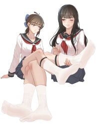 2girls bad_id bad_pixiv_id black_hair blue_bow bow breasts brown_eyes brown_hair closed_mouth cropped_legs crossed_legs feet foot_focus foreshortening ghhoward hair_bow legs long_hair long_sleeves looking_at_another medium_breasts multiple_girls neckerchief no_shoes one_eye_closed original pleated_skirt ponytail red_neckerchief ribbed_socks sailor_collar school_uniform serafuku simple_background sitting skirt smile socks soles toes white_background white_socks 