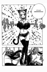 &gt;:( 1girl animal_ears animal_hands ass back bare_shoulders bell belt blush boots breasts cat_ears cat_tail cleavage close-up closed_mouth collar collarbone comic cross-laced_clothes crossed_arms detached_sleeves embarrassed english_text fairy_tail fake_animal_ears fake_tail from_behind frown full_body gloves greyscale hairband hard-translated heart jingle_bell kemonomimi_mode knee_boots lace large_breasts legs_together long_hair looking_at_viewer lucy_heartfilia mashima_hiro monochrome multiple_views neck_bell official_art paw_gloves paw_print raised_eyebrows scan scanlation short_shorts shorts skindentation sparkle speech_bubble standing strapless sweatdrop swept_bangs tail thigh_gap thighhighs third-party_edit tube_top v-shaped_eyebrows rating:Questionable score:55 user:danbooru