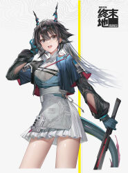  1girl :d absurdres arknights arknights:_endfield arm_cutout awr black_hair black_sleeves blue_gloves blue_jacket chen_qianyu_(arknights) commentary_request copyright_name cropped_jacket cropped_legs dragon_girl dragon_horns dragon_tail gloves grey_eyes hand_up highres holding holding_sword holding_weapon horns jacket long_hair long_sleeves looking_at_viewer open_clothes open_jacket open_mouth shirt skirt smile solo sword tail twintails weapon white_shirt white_skirt 