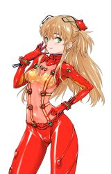  1girl azusagawa_tsukino bodysuit bra breasts commentary_request cosplay covered_navel cowboy_shot curvy evangelion:_2.0_you_can_(not)_advance gloves green_eyes hair_between_eyes hairpods hashiguchi_takashi highres interface_headset light_brown_hair long_hair look-alike looking_at_viewer neon_genesis_evangelion plugsuit rebuild_of_evangelion red_bodysuit see-through see-through_bodysuit shiny_clothes simple_background skin_tight small_breasts smile solo souryuu_asuka_langley souryuu_asuka_langley_(cosplay) test_plugsuit underwear white_background wide_hips yakitate!!_japan 