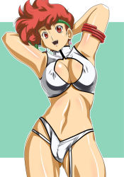  1980s_(style) 1girl armband breasts cleavage cleavage_cutout clothing_cutout covered_erect_nipples dirty_pair earrings female_focus headband highres hinokawa_jun jewelry kei_(dirty_pair) large_breasts midriff oldschool red_eyes red_hair retro_artstyle short_hair smile solo standing  rating:Questionable score:29 user:Furio