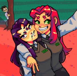  2girls angry black_hair blackfire dc_comics dick_grayson family green_eyes lowres multiple_girls purple_eyes red_hair robin_(dc) siblings sisters smile starfire sweater_vest tagme teen_titans  rating:Sensitive score:28 user:anon_perv2