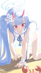 1girl all_fours bikini blue_archive blue_hair blush chise_(blue_archive) chise_(swimsuit)_(blue_archive) collarbone crab front-tie_bikini_top front-tie_top halo highres horns light_blue_hair long_hair looking_at_another namaonpa oni_horns red_eyes sailor_bikini sailor_collar see-through side-tie_bikini_bottom side_ponytail solo striped_bikini striped_clothes swimsuit very_long_hair rating:Sensitive score:9 user:danbooru