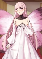  1girl blush breasts breasts_out butterfly_wings clothes_pull coral_(fate) detached_sleeves dress dress_pull elfenlied22 fairy fairy_wings fate/grand_order fate_(series) insect_wings jewelry long_hair looking_at_viewer medium_breasts neck_ring nipples open_mouth pink_eyes pink_wings pointy_ears puffy_sleeves solo white_dress wings  rating:Questionable score:26 user:danbooru