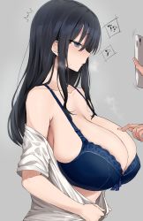 1girl ? ?? absurdres bare_shoulders black_hair blouse blue_bra blue_eyes blush bra breasts cellphone cleavage collarbone commentary_request from_side grey_background highres hotate-chan huge_breasts hypnosis long_hair looking_at_phone mind_control off_shoulder open_clothes open_shirt original parted_lips phone shirt short_sleeves simple_background skindentation smartphone underwear upper_body white_shirt rating:Sensitive score:130 user:danbooru