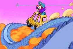  1girl alex_ahad blue_overalls car dr._slump dragon_ball dragon_quest dragonball_z dust glasses gradient_background head_wings highres motor_vehicle norimaki_arale overalls purple_background purple_hair sketch slime_(creature) slime_(dragon_quest) wings yellow_car 