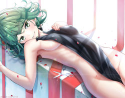 1girl :d breasts clothes_in_front covering_privates curly_hair covered_erect_nipples groin half-closed_eyes hand_on_own_chest highres looking_at_viewer lying momonoko_noko nude nude_cover on_back one-punch_man open_mouth petals ribs scissors short_hair small_breasts smile solo tatsumaki rating:Questionable score:117 user:danbooru