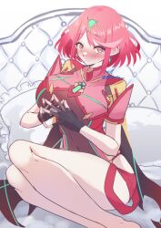  1girl amanoru_mozuku barefoot black_gloves blush breasts couch drop_earrings earrings fingerless_gloves gem gloves highres impossible_clothes jewelry looking_at_viewer on_couch puffy_short_sleeves puffy_sleeves pyra_(xenoblade) red_eyes red_hair short_hair short_sleeves solo swept_bangs thighs tiara twitter_username unfinished white_background xenoblade_chronicles_(series) xenoblade_chronicles_2 