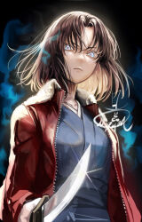  1girl blue_eyes blue_kimono brown_hair closed_mouth collarbone commentary_request fur-trimmed_jacket fur_trim glowing glowing_eyes holding holding_knife jacket japanese_clothes kara_no_kyoukai kimono knife long_sleeves looking_at_viewer mizutame_tori multicolored_eyes mystic_eyes_of_death_perception open_clothes open_jacket purple_eyes red_jacket revision ryougi_shiki signature solo upper_body 