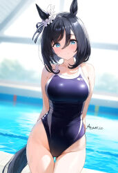  1girl animal_ears arms_behind_back atomikku black_hair blue_eyes blue_one-piece_swimsuit bob_cut breasts competition_swimsuit covered_navel cowboy_shot ear_scrunchie eishin_flash_(umamusume) gluteal_fold highleg highleg_swimsuit highres horse_ears horse_girl horse_tail indoors large_breasts one-piece_swimsuit pool rei_no_pool scrunchie short_hair solo swept_bangs swimsuit tail thigh_gap two-tone_swimsuit umamusume white_scrunchie 
