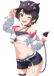  1girl :d absurdres bare_shoulders baseball_cap belt belt_buckle black_choker black_hat black_shorts blue_eyes blush breasts brown_hair buckle choker collarbone commentary cosplay cowboy_shot crop_top demon_tail fake_horns groin hat hat_pin hat_tip heart highres holding_own_tail hololive horned_headwear horns jacket legwear_garter long_sleeves looking_at_viewer medium_breasts midriff multicolored_clothes multicolored_jacket navel nushiya_(ayihsem) o-ring o-ring_choker off_shoulder one_eye_closed oozora_subaru open_mouth pink_jacket short_hair short_shorts shorts simple_background single_legwear_garter smile solo standing stomach tail thigh_strap tokoyami_towa tokoyami_towa_(1st_costume) tokoyami_towa_(cosplay) tomboy two-sided_fabric two-tone_jacket virtual_youtuber white_background white_belt white_jacket zipper_pull_tab  rating:Sensitive score:14 user:danbooru